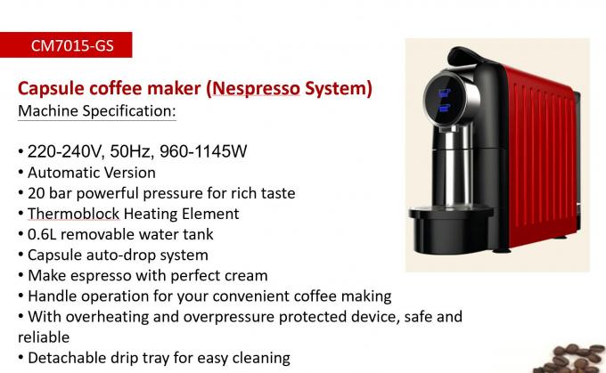 เครื่องทำแคปซูล Nespresso 20 บาร์แท้งค์น้ำแบบถอดได้ 0.6 ลิตร 1